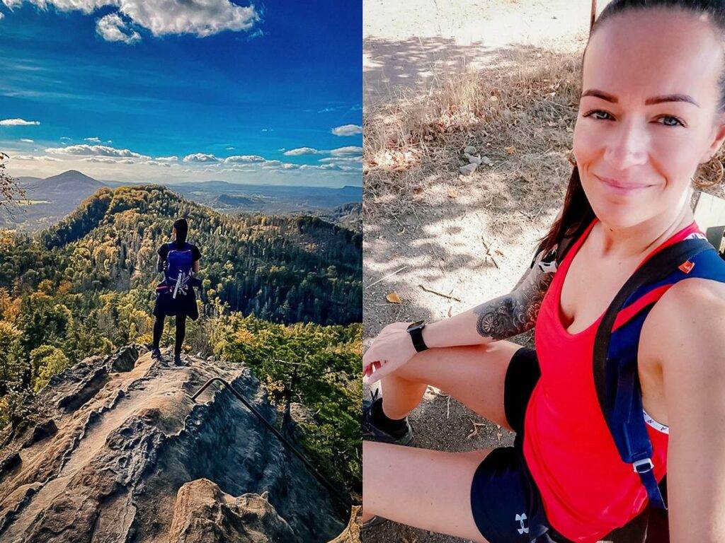 Collage mit zwei Bildern von Cindy Kirchhof beim Wandern. Das erste Bild ist ein Selfie, während auf dem zweiten Bild Cindy auf dem Gipfel steht und eine atemberaubende Naturaussicht genießt.