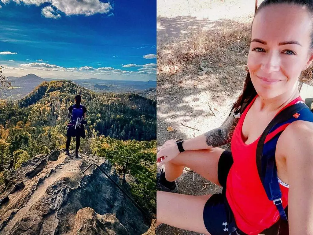Collage mit zwei Bildern von Cindy Kirchhof beim Wandern. Das erste Bild ist ein Selfie, während auf dem zweiten Bild Cindy auf dem Gipfel steht und eine atemberaubende Naturaussicht genießt.