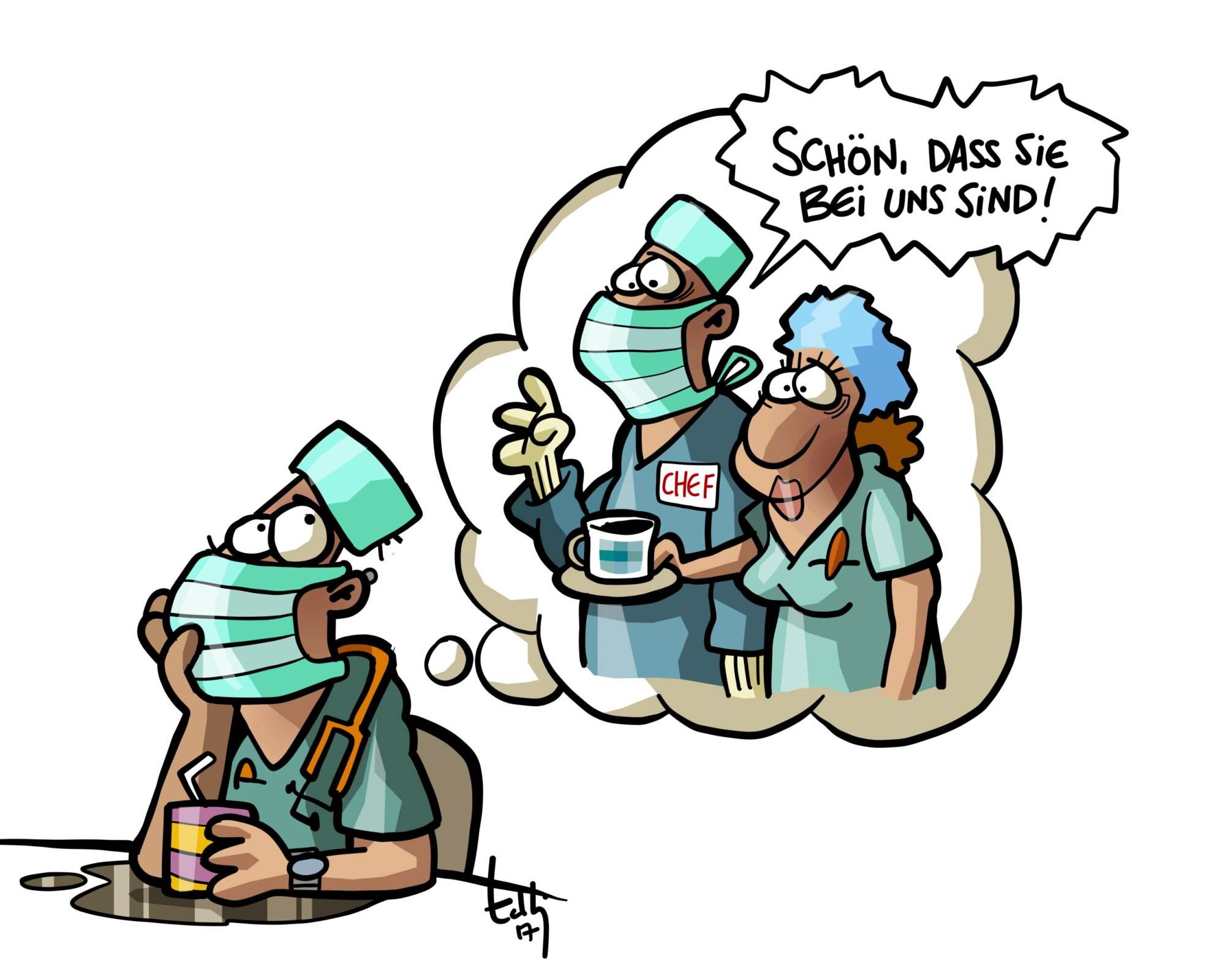 Cartoon: Ein Arzt mit Maske und Kittel denkt in einer Sprechblase an den Chef und Kollegen von Hire a Doctor. Die Gedanken zeigen Wertschätzung, während der Chef sagt: 'Schön, dass Sie bei uns sind!