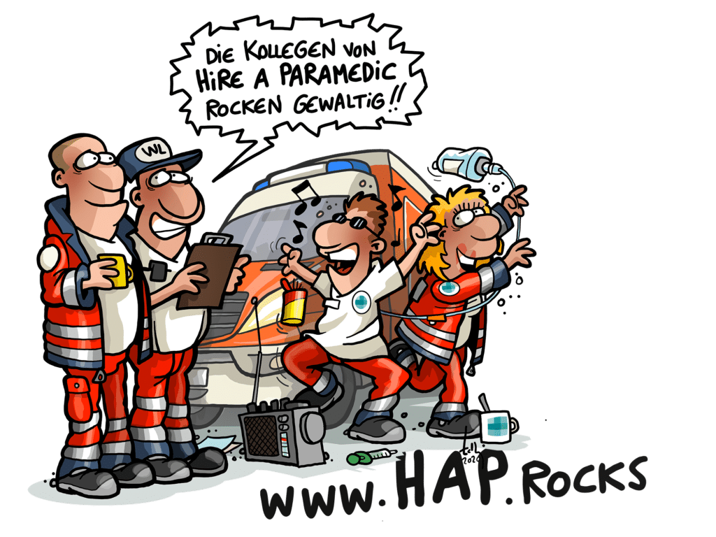 Vier Cartoonfiguren von Rettungskräften, umgeben von einem Krankenwagen, sorgen für Spaß. Neben ihnen steht ein Radio, und eine Tasse der Hire a Doctor Group ist sichtbar. In einer Sprechblase steht: 'Die Kollegen von Hire a Paramedic rocken gewaltig.' Cartoon von HAP und medi-learn