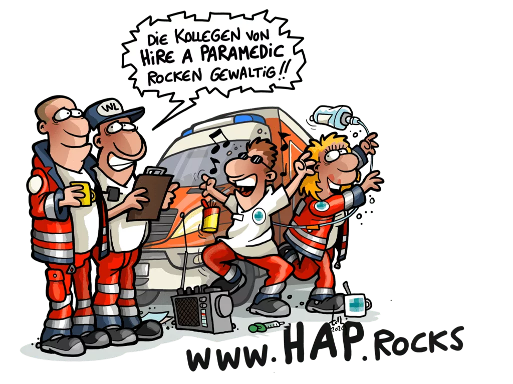 Vier Cartoonfiguren von Rettungskräften, umgeben von einem Krankenwagen, sorgen für Spaß. Neben ihnen steht ein Radio, und eine Tasse der Hire a Doctor Group ist sichtbar. In einer Sprechblase steht: 'Die Kollegen von Hire a Paramedic rocken gewaltig.'