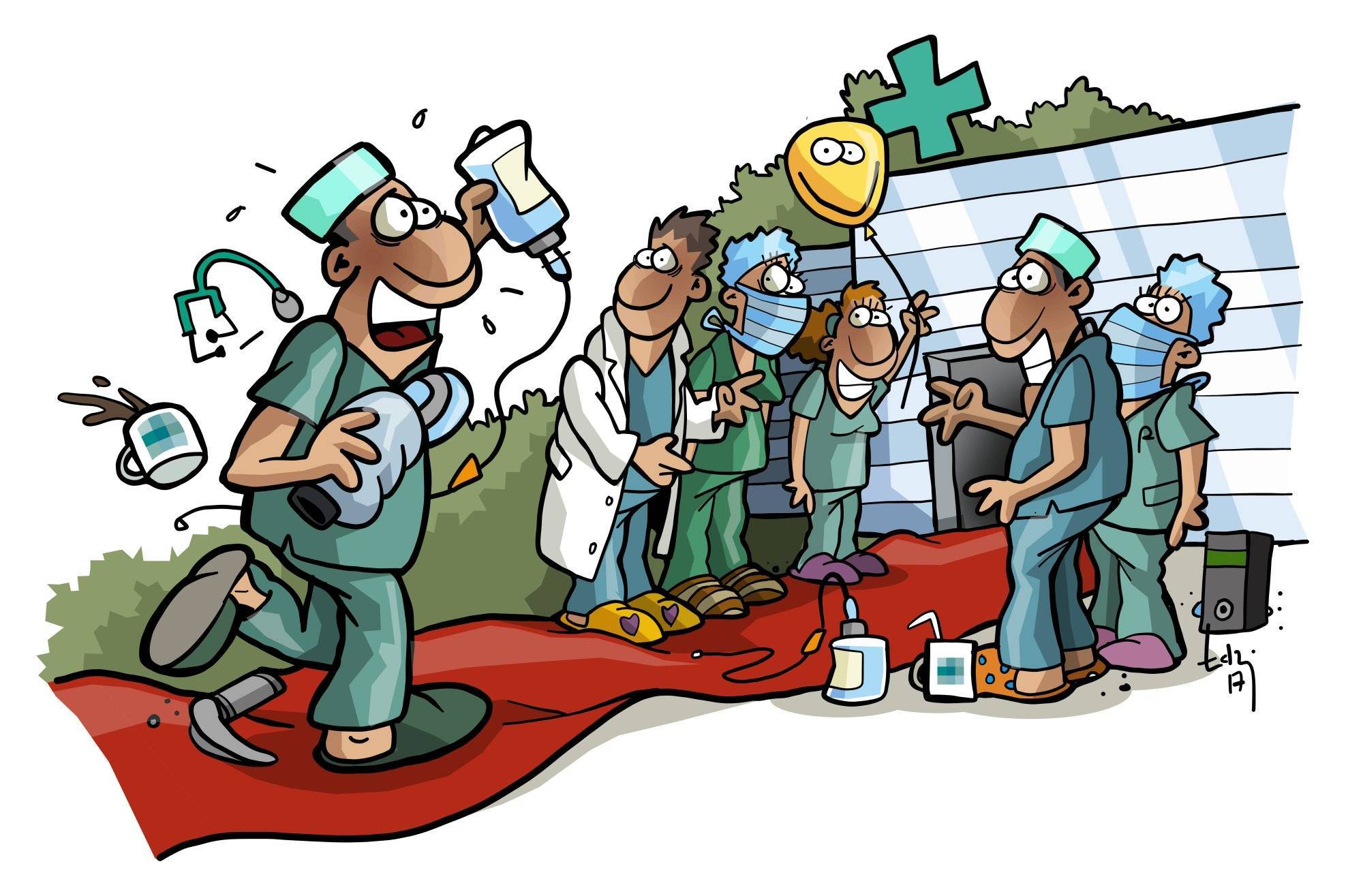 HaD-Cartoon: Willkommensszenario für einen neuen Pflegekraft bei Hire a Doctor. Die Teammitglieder heißen den neuen Mitarbeiter herzlich willkommen. Der Pflegekraft läuft voller Freude auf ihre neuen Kollegen zu.