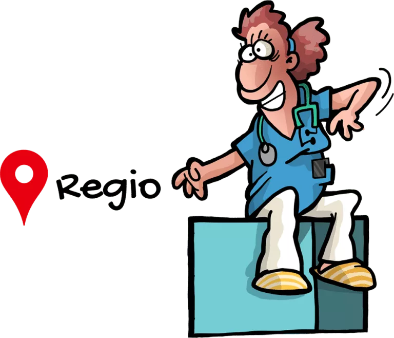 Cartoon einer Pflegefachkraft sitzend auf einem Würfel, die auf einen "Regio"-Schriftzug zeigt