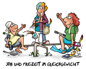 Ein Cartoon mit drei Pflegekräften, der das Gleichgewicht zwischen Job und Freizeit darstellt. Cartoon von HAD und medi-learn